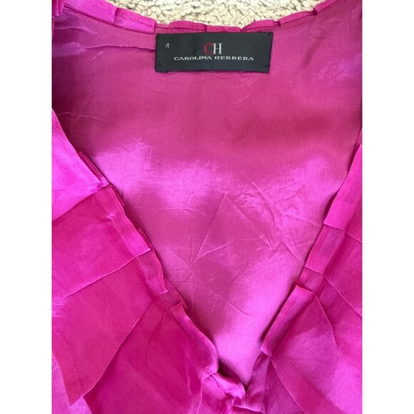 Carolina Herrera Fuchsia Silk Dress Size 4 Ruffle V Neck Missing Belt Sleeveless - Picture 3 of 12